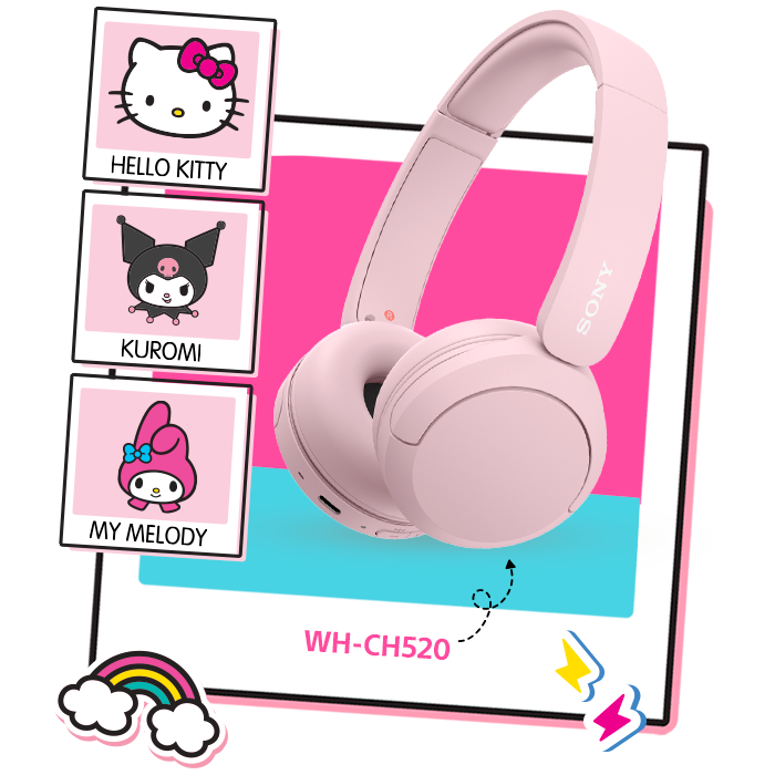 Audífonos Sony WH-CH520 rosas, con Hello Kitty, Kuromi y My Melody